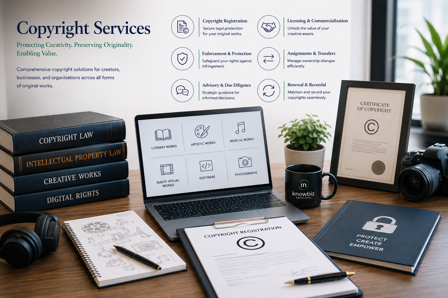 Copyright Services — desk with copyright law books, laptop showing creative work categories, and a Certificate of Copyright