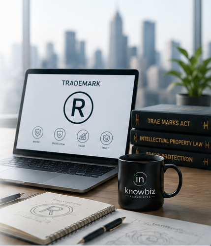 Trademark Services — desk with laptop, legal books and InKnowBiz branding