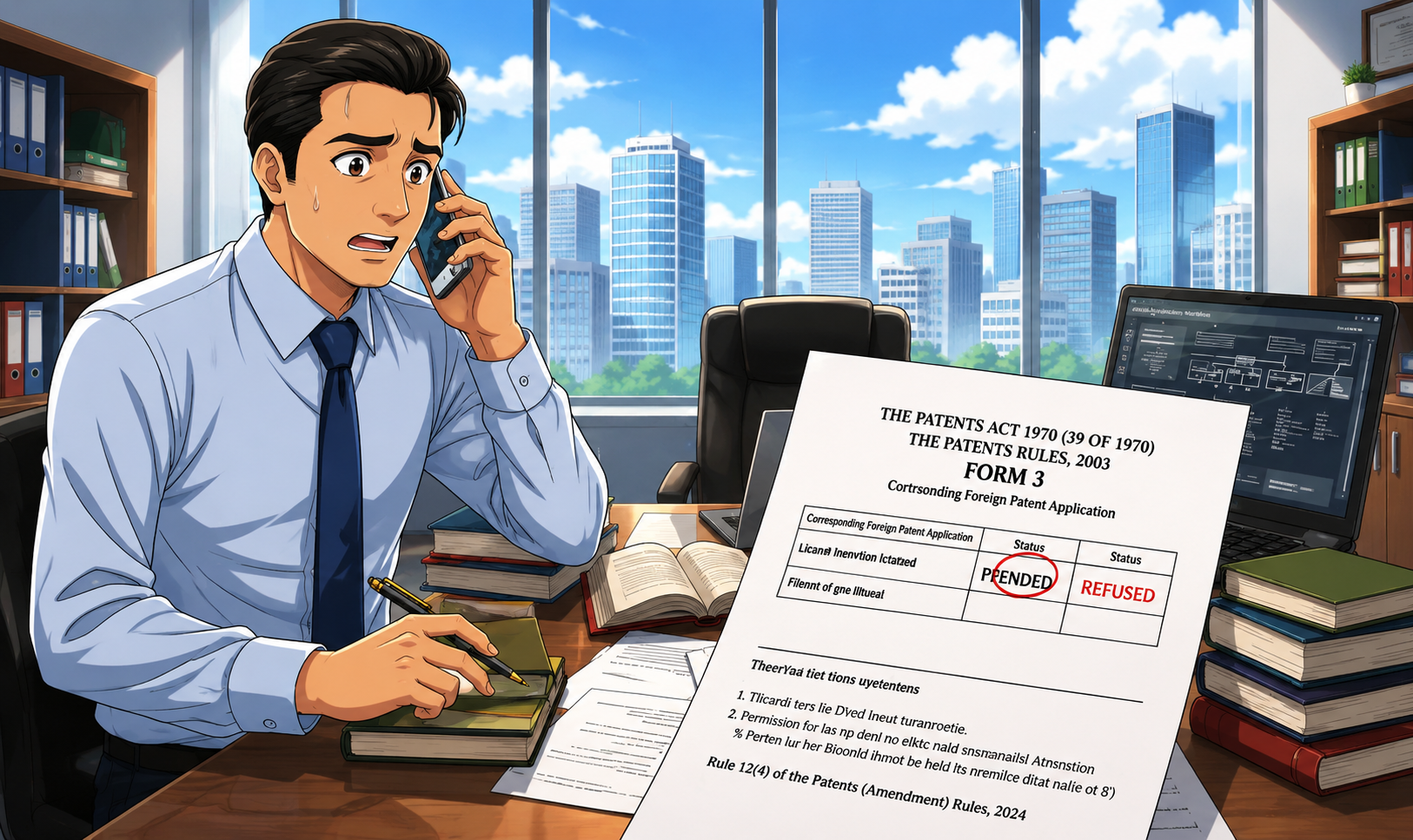 A patent professional on a worried phone call, reviewing a Form 3 declaration under the Patents Act, 1970