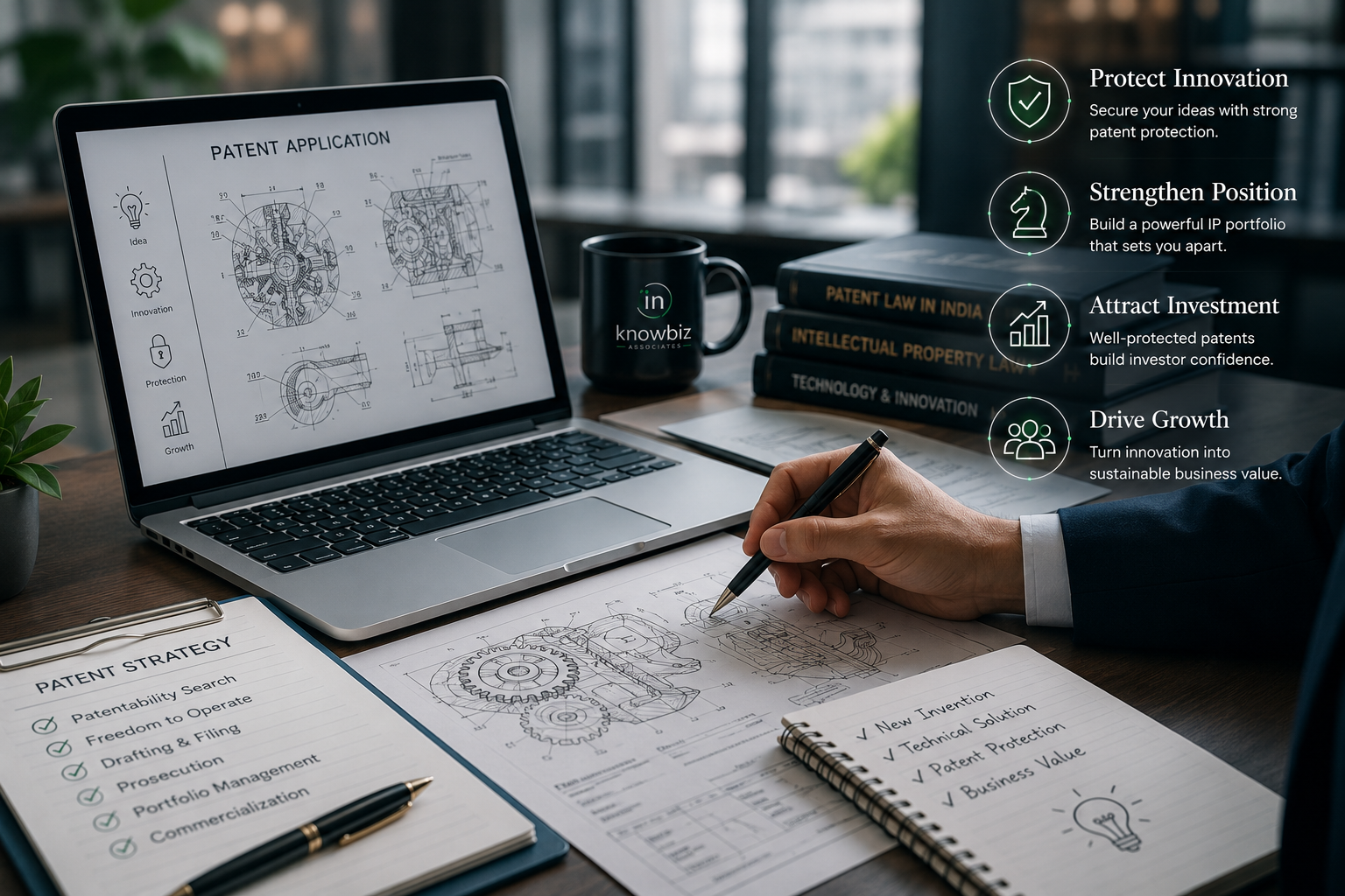 Patent services overview — patent application drawings, patent strategy checklist and innovation workflow on a professional desk.
