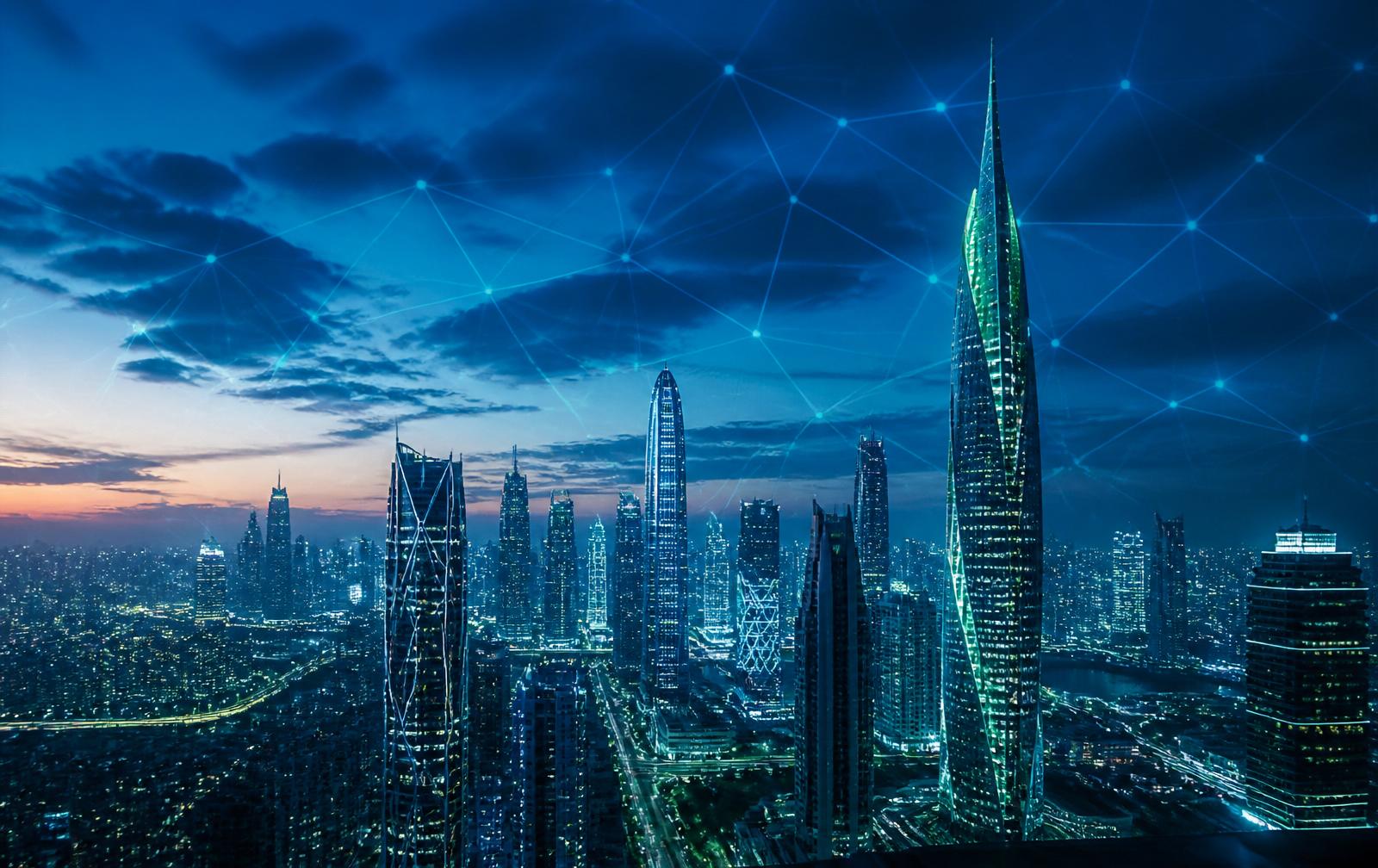 Futuristic skyline with AI network — the future of innovation